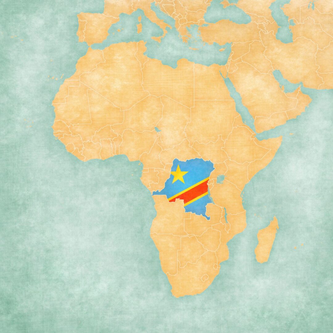 2J3W8G6 The Democratic Republic of the Congo (Congolese flag) on the map of Africa. The Map is in vintage summer style and sunny mood. The map has soft grunge